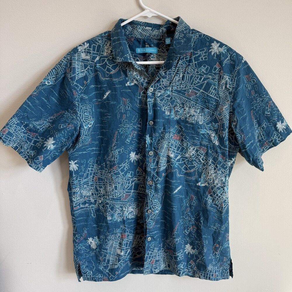 Tori Richard L Hawaiian Shirt 100% Cotton Lawn Blue Map Made in Hawaii EUC Read